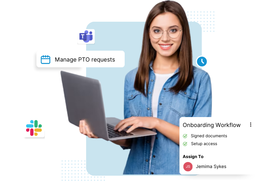 A woman wearing glasses in a blue shirt holding a laptop displaying the text 'Manage PTO Requests,' and 'Onboarding Workflow' showing the HR Geckos helpdesk in action with various integrations to Slack, MS Teams, and time-scheduling applications.
