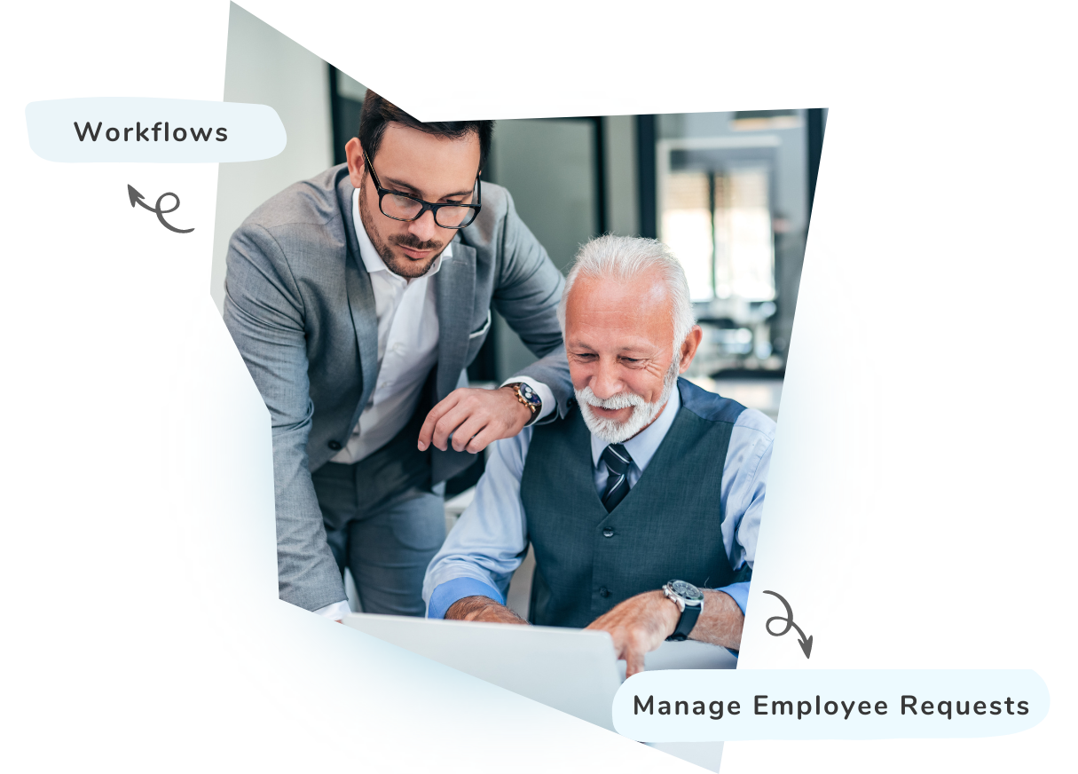 A young man in a suit assists an older man at a laptop, both smiling. Displaying the text 'Workflows' and 'Manage Employee Requests.' Showcasing HR requests digitally, showcasing the benefits of automation and streamlined workflows.