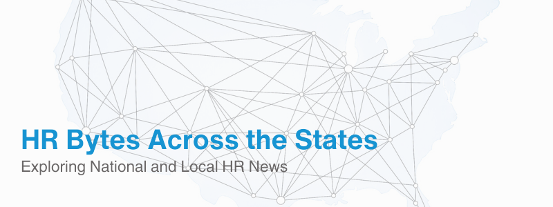 A map of the United States with interconnected lines and dots overlaid. With the text displaying 'HR Bytes Across the States' and  'Exploring National and Local HR News', with light blue background.