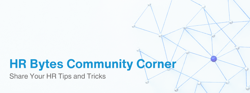 A web banner with the text 'HR Bytes Community Corner' and 'Share Your HR Tips and Tricks' on a white background. The right side features an abstract geometric design made of blue lines and small spheres.