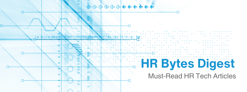Abstract blue and white geometric design with lines, graphs, and arrows. With the text displaying  'HR Bytes Digest' and 'Must-Read HR Tech Articles'.