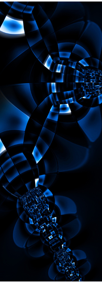 Abstract digital art featuring a series of interconnected, glowing blue spiral patterns on a dark background.