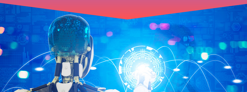 A robot with a transparent head interacts with a digital interface, featuring glowing circuits and data on a blue background.