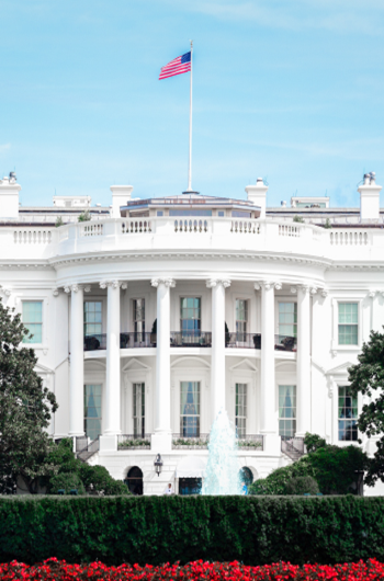 The White House's front view with its iconic columns, an American flag on top, a central fountain, and vibrant green hedges and red flowers.