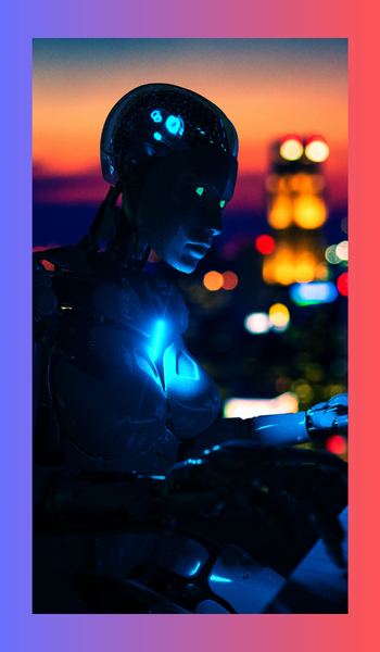 A futuristic robot with glowing blue accents is set against a vibrant cityscape at dusk.