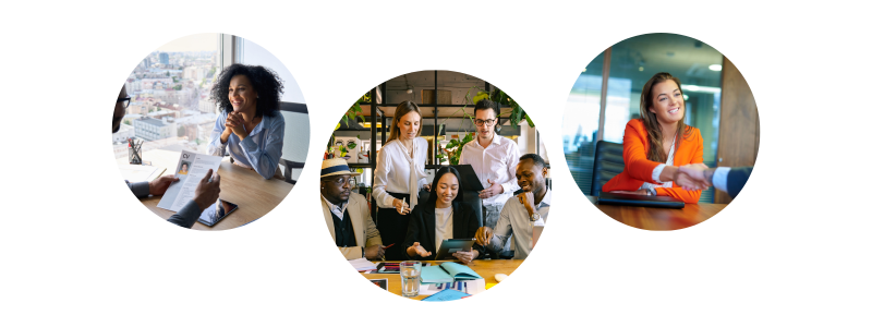 Three circular images show diverse professional interactions, a woman at a desk with a city view, a group collaborating around a table, and a friendly handshake.