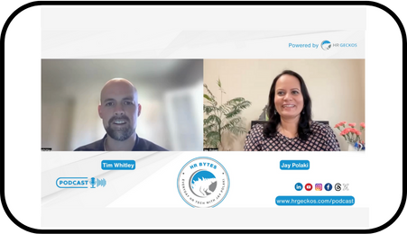 Two people, a man and a woman, appear in a split-screen video call on a podcast. The man wears a blazer; the woman wears a patterned top. A logo and social media icons are visible below them, set against a white background.