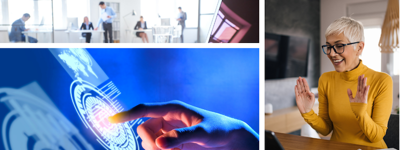 A collage with three images: a group of people in a modern office, a close-up of a fingertip interacting with a digital interface, a person with short hair and glasses smiling and gesturing at a laptop in a home setting.