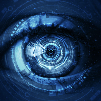 Digital blue-toned image of a human eye with futuristic, circular technological patterns around it, suggesting themes of cybersecurity and AI.