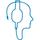 Minimalist blue icon of a human head with a headphone.