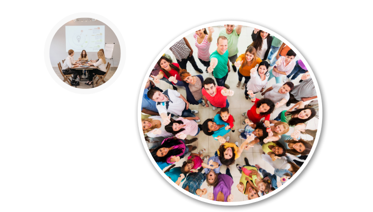A diverse group of people stand in a circle, smiling and pointing upwards. Inset shows four people in a meeting around a table, discussing and collaborating.