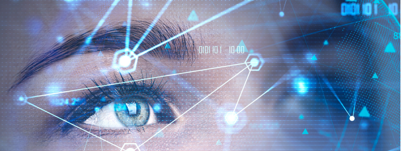 Close-up of a blue eye surrounded by digital graphics, lines, and binary code, conveying a futuristic and technological theme.