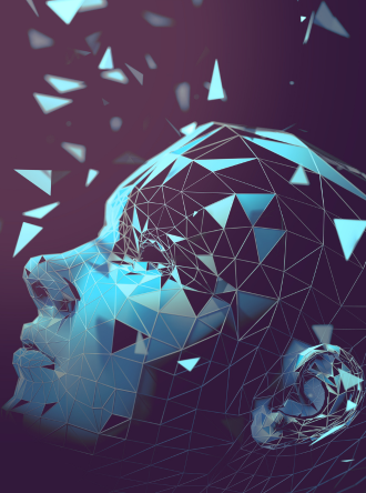 Futuristic digital art of a human face made of blue triangular wireframe patterns on a dark background, evoking a sense of technology and contemplation.