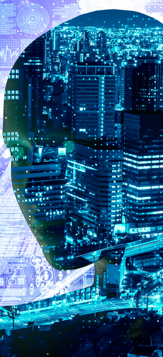A silhouette of a human head filled with a cityscape at night, glowing with blue lights. Digital circuit patterns overlay part of the image, conveying a tech-savvy, futuristic tone.