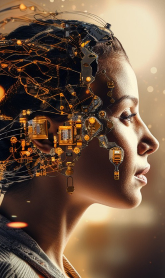 A woman's profile with futuristic circuitry on her head, blending technology and human features. Warm tones convey innovation and harmony.