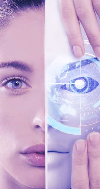 A woman holds a white mask next to her face. The mask features a futuristic digital eye design, complete with blue glowing elements and data overlays. The image suggests themes of technology, identity, and human-machine integration.