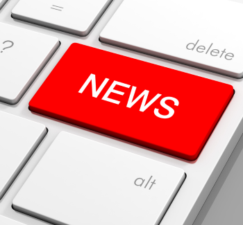 Red keyboard key labeled 'NEWS' is prominently placed between white keys labeled 'alt' and 'delete,' conveying urgency and information focus.