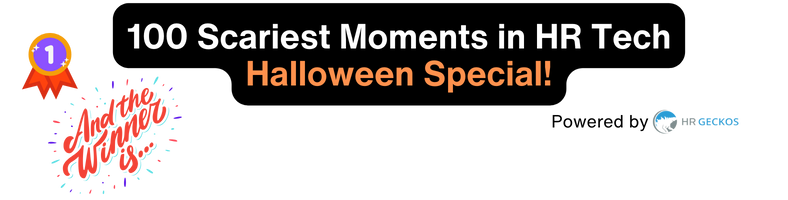 Banner displaying '100 Scariest Moments in HR Tech Halloween Special!' in white and orange text on a black background, with colorful confetti and award ribbon graphics.