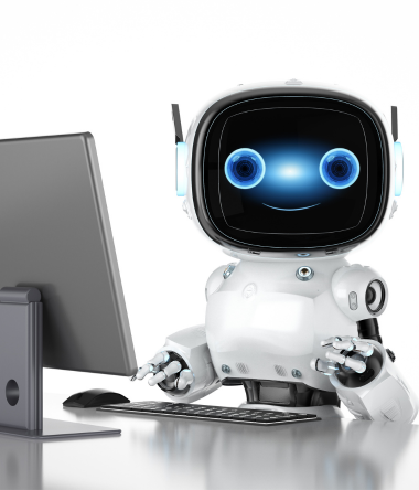 A friendly-looking robot with a large screen face and bright blue eyes sits smiling at a computer.