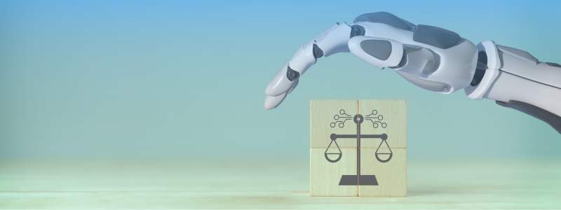 A robotic hand hovers over wooden blocks with a balance scale symbol, set against a soft blue-green gradient background.